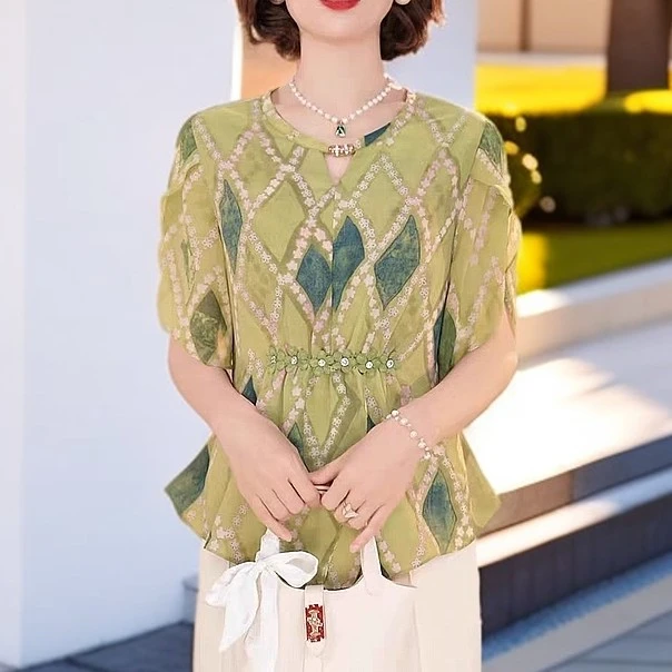 新中式妈妈装夏季新款洋气提花小衫中老年气质时尚阔太太气质上衣