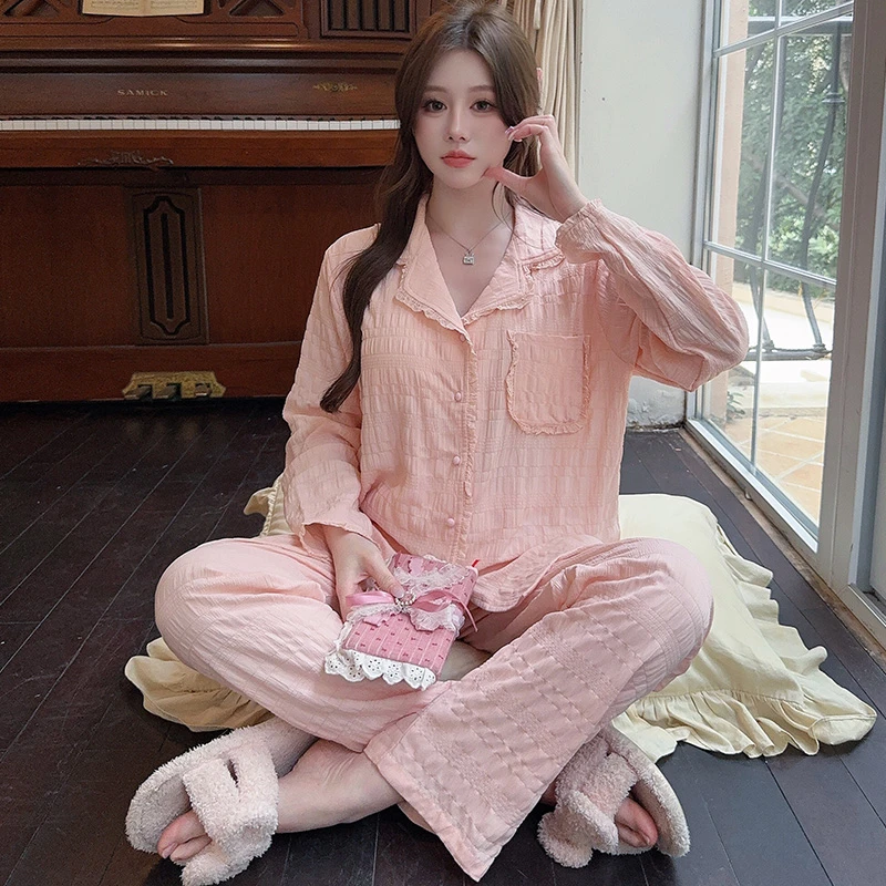 2025新款睡衣女款爆款春季薄款甜美花边舒适休闲带胸垫家居服套装