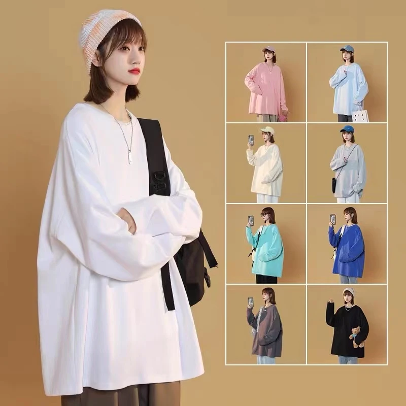 重磅300克重纯棉T恤宽松型韩版无图案秋季休闲长袖百搭春秋小众款