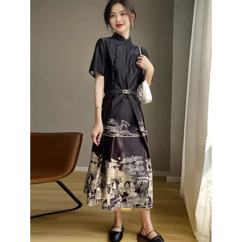 重工提花日常通勤醋酸缎面旗袍裙女复古小众新中式国风短袖马面连