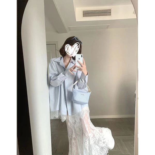 【冰岛慕斯】超绝甜美仙女蕾丝下摆蓝色显瘦衬衣+蕾丝内搭美背8015