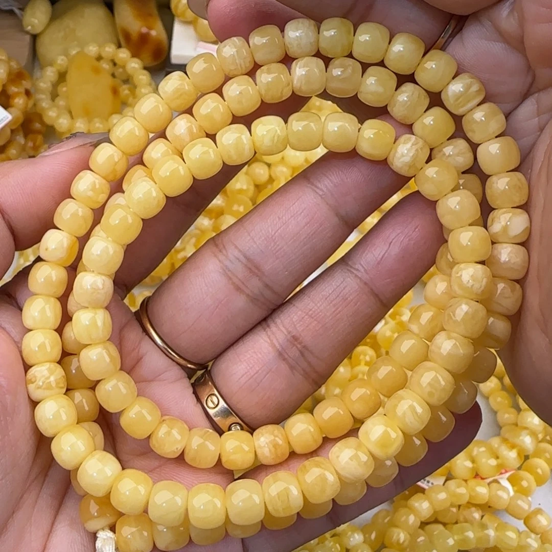 蜜蜡未镶嵌手链奶黄妖花老型多圈