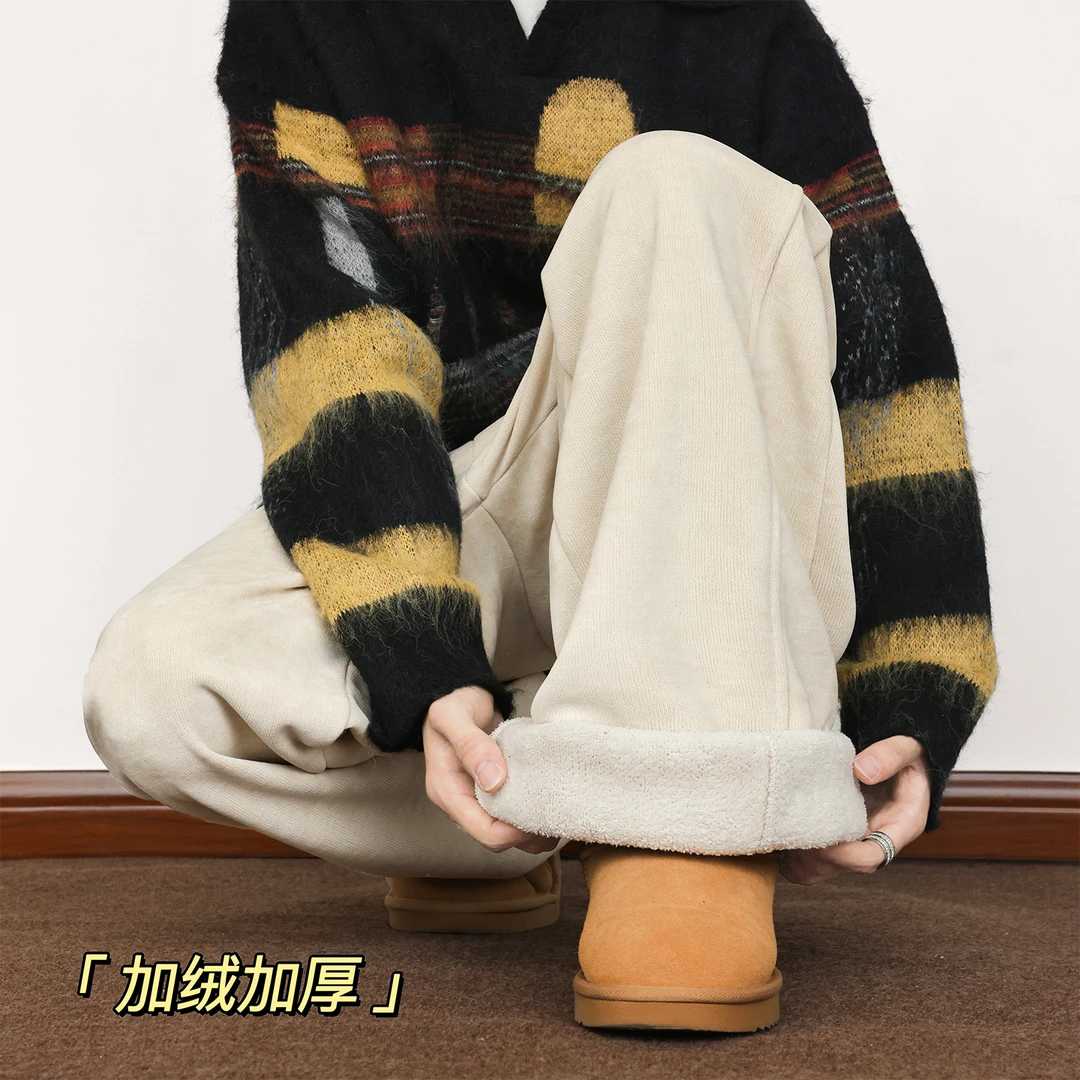 加绒加厚保暖休闲裤子男生冬季宽松直筒阔腿裤潮牌美式灯芯绒长裤