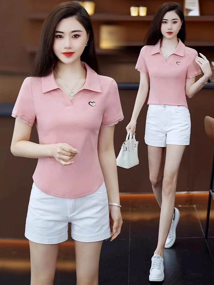 时尚修身显瘦翻领短袖T恤女士夏季新款减龄小个子短款POLO体恤衫