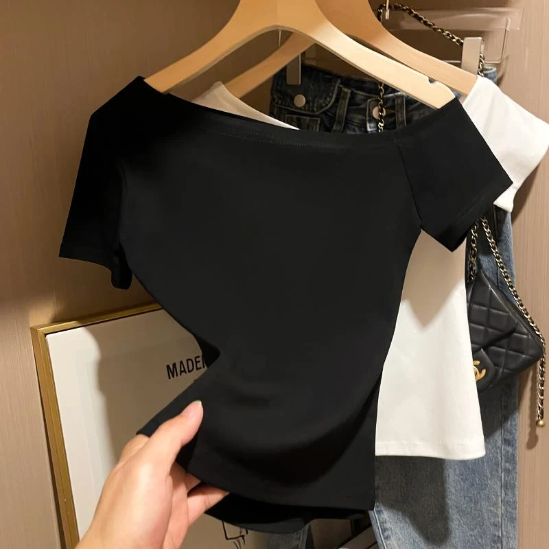 短袖T恤女2025年夏季黑色新款一字肩斜肩辣妹百搭修身上衣打底衫
