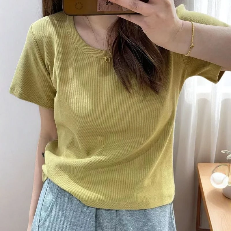 大码胖mm200斤韩系水滴U领正肩上衣女休闲百搭显瘦短袖t恤夏季ins