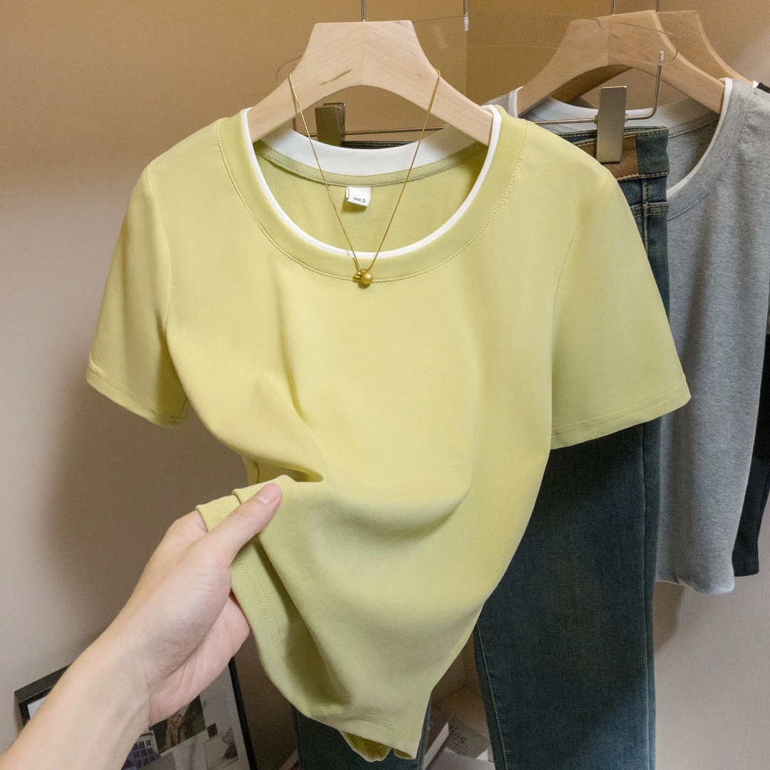 现货大码女装正肩短T恤夏季胖妹妹遮肉显瘦设计感撞色上衣
