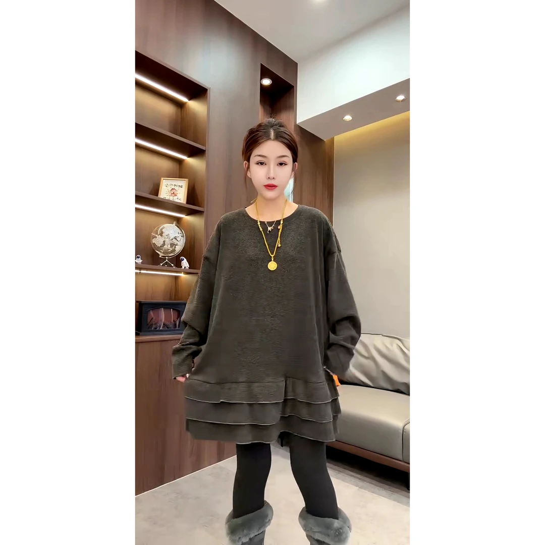 层次感荷叶边下摆长袖T恤冬款休闲宽松洋气百搭上衣