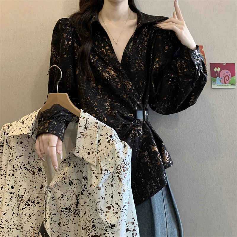 不规则长袖衬衫女2025秋季新款大码胖MM泼墨高级收腰衬衣上衣