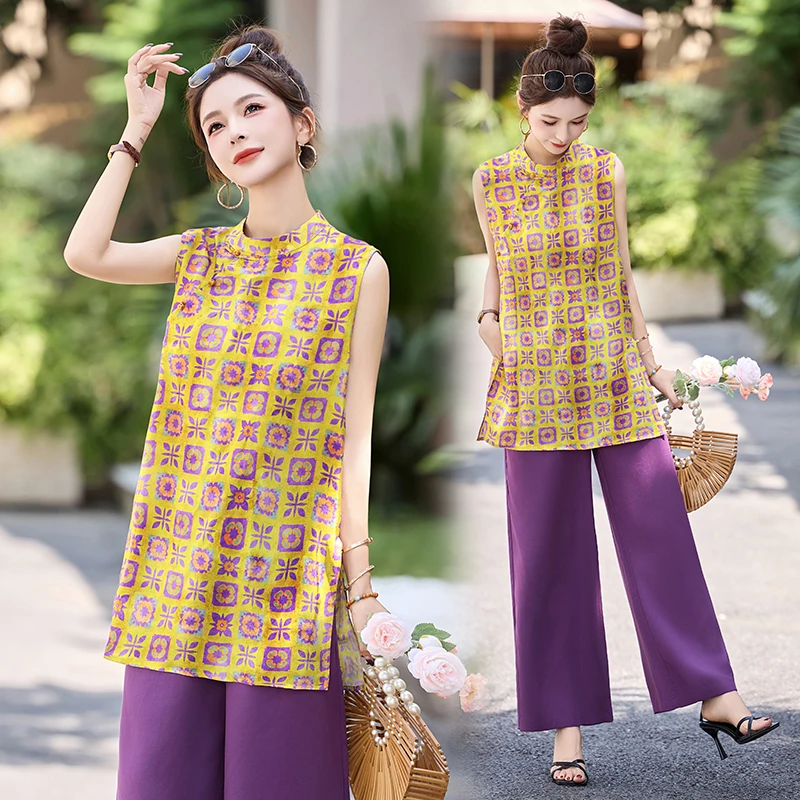 新中式2025两件套装唐装夏装宽松夏季国风文艺民族风女复古印花