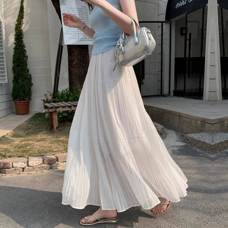 垂感白色半身裙女2025夏季新款高腰大摆a字裙子雪纺裙蛋糕百褶裙