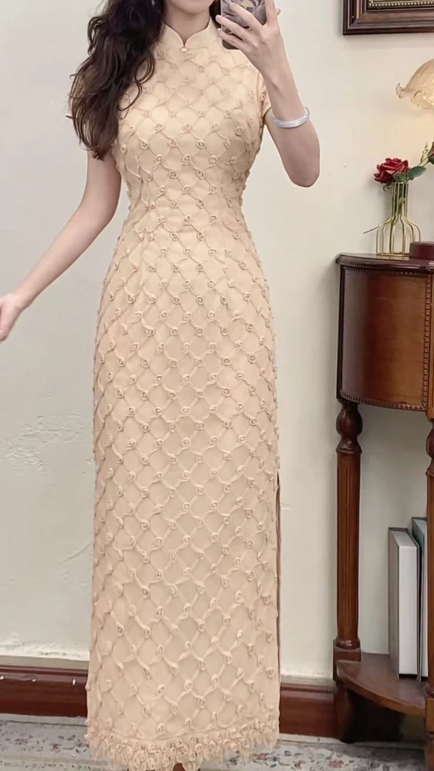 予溪自制【花漾】新中式橘粉色高级氛围感显高显瘦收腰旗袍连衣裙