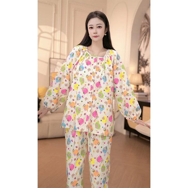 【五彩小熊】纯棉睡衣女春秋季新品韩版宽松长袖长裤棉布家居服套装