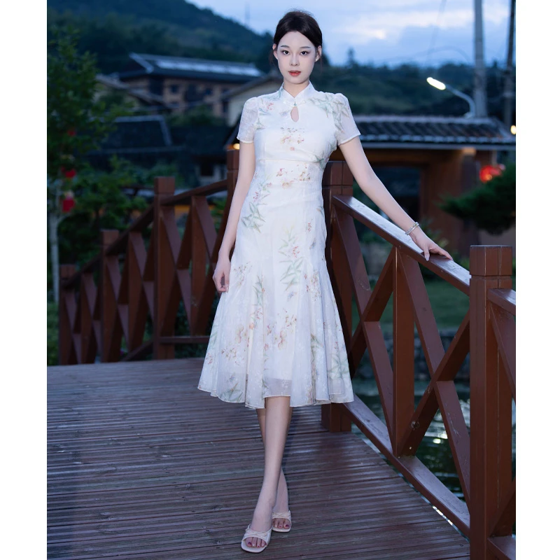 匠花语 中长裙无开衩低开衩新中式旗袍显瘦小个子气质白色