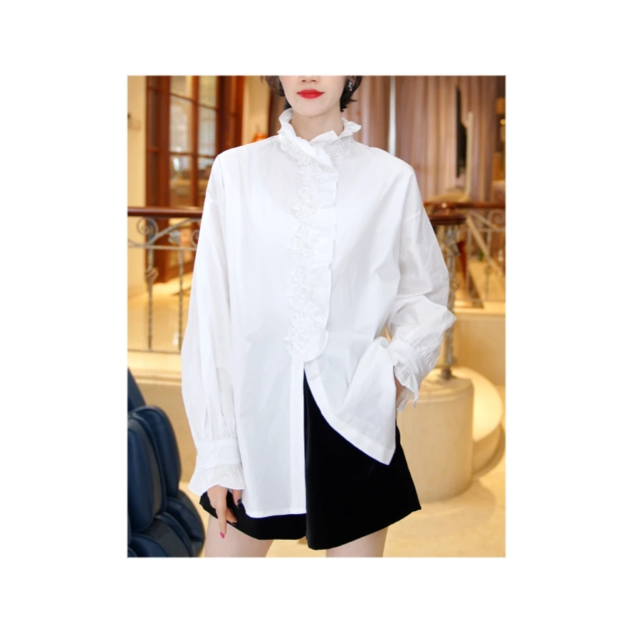 25461322【微醺午后】手工花朵钉珠优雅衬衫立领设计感衬衣a95