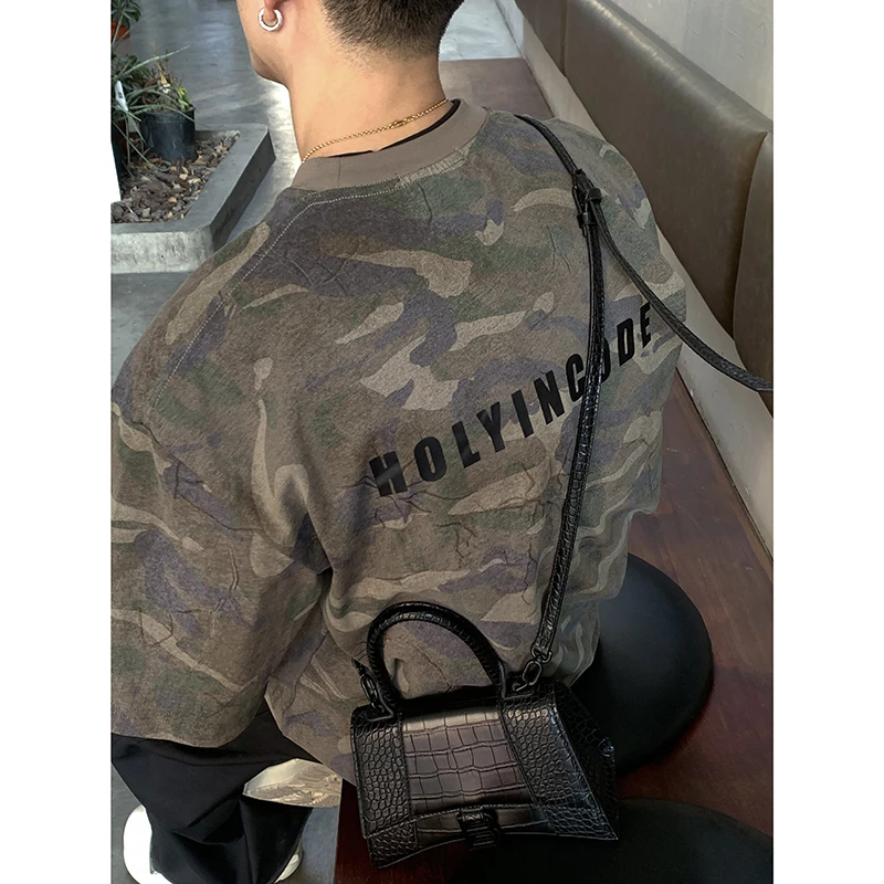 PLTH*美式做旧水洗迷彩字母短袖百搭工装机能风夏季宽松圆领T恤男