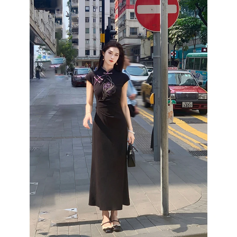 凌茜【泽兰】国风新中式黑色兰花一字扣高级感修身显瘦旗袍连衣裙