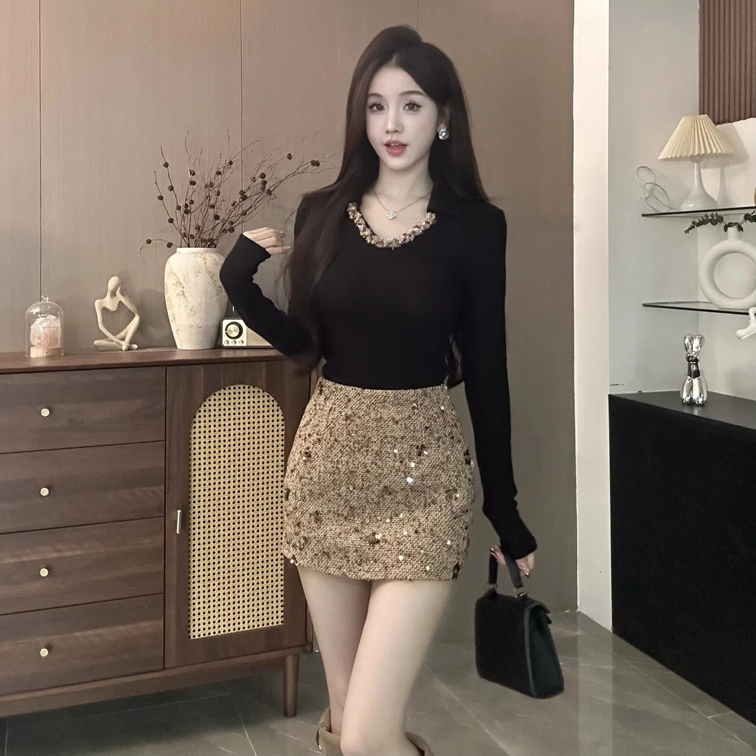 呜呜定制 法式高级感v领针织打底衫女秋冬修身设计感翻领长袖上衣