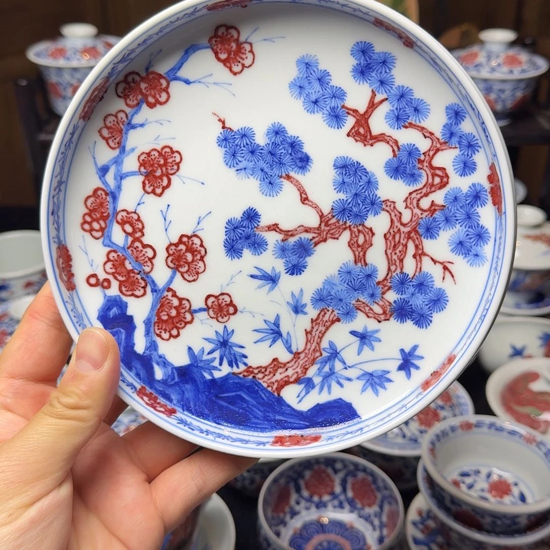青花釉里红松竹梅壶承