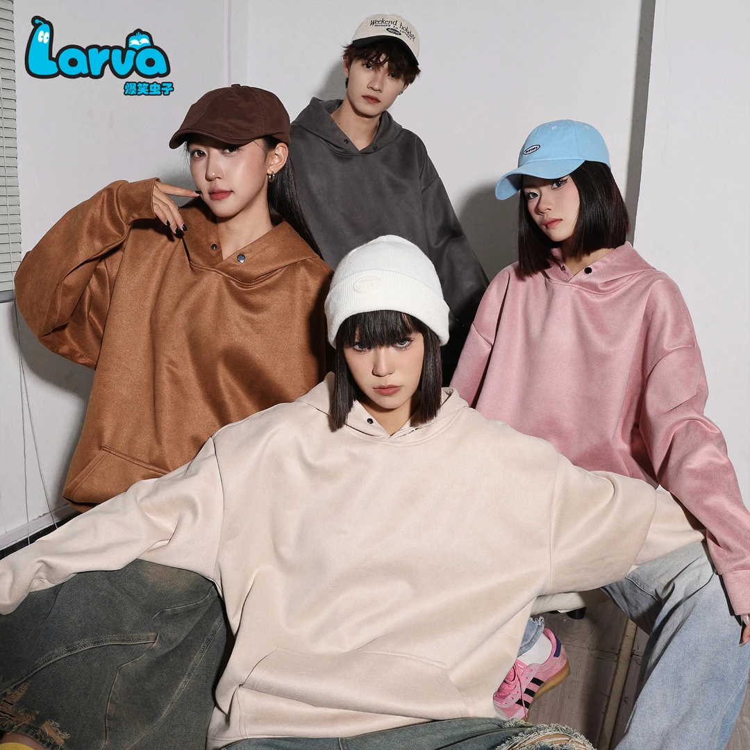 LARVA/爆笑虫子早秋麂皮绒重磅宽松上衣垂感2025爆款连帽卫衣男女