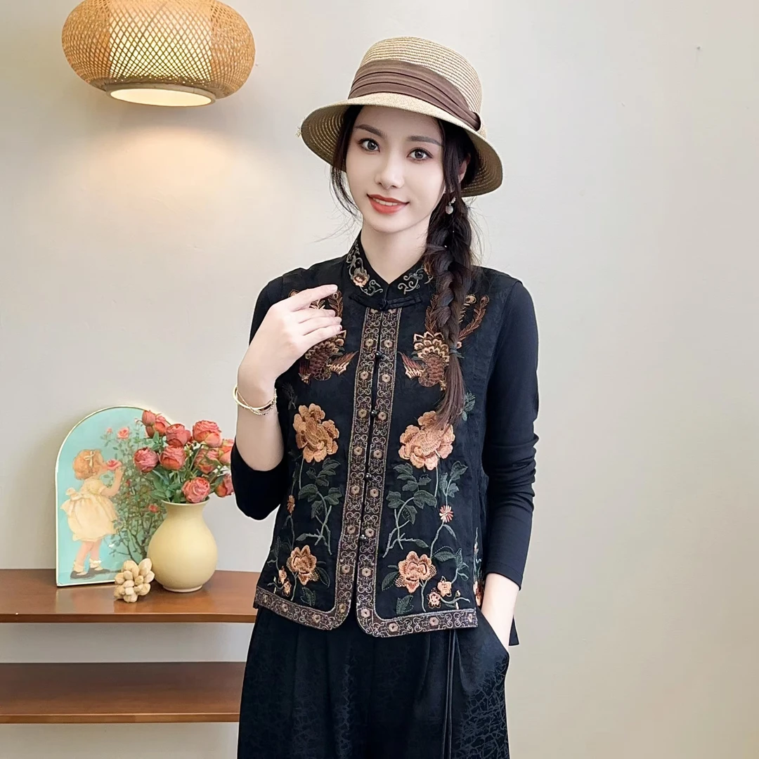 春夏新款百搭气质优雅时尚中式显瘦贵气刺绣立领中国风无袖马夹
