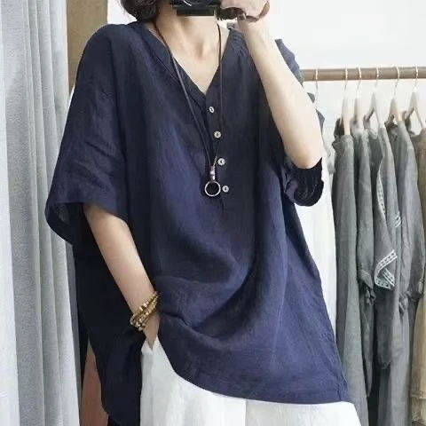 【现货+运费险】夏季新款棉麻衬衫女文艺宽松短袖t恤女大码上衣XK35