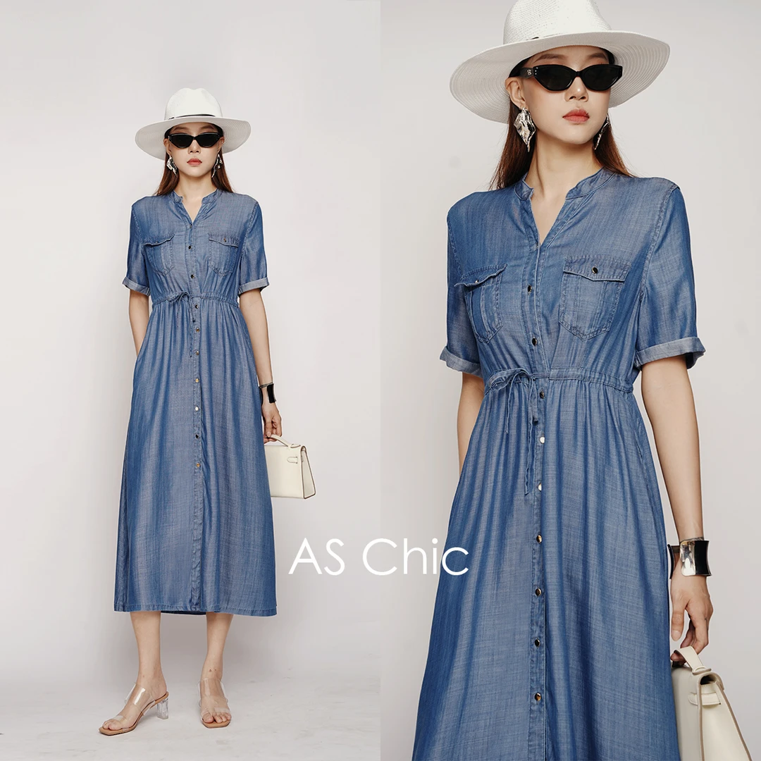 AS Chic25SS  天丝牛仔V领长款松紧腰高腰蓝色连衣裙ASQ5251