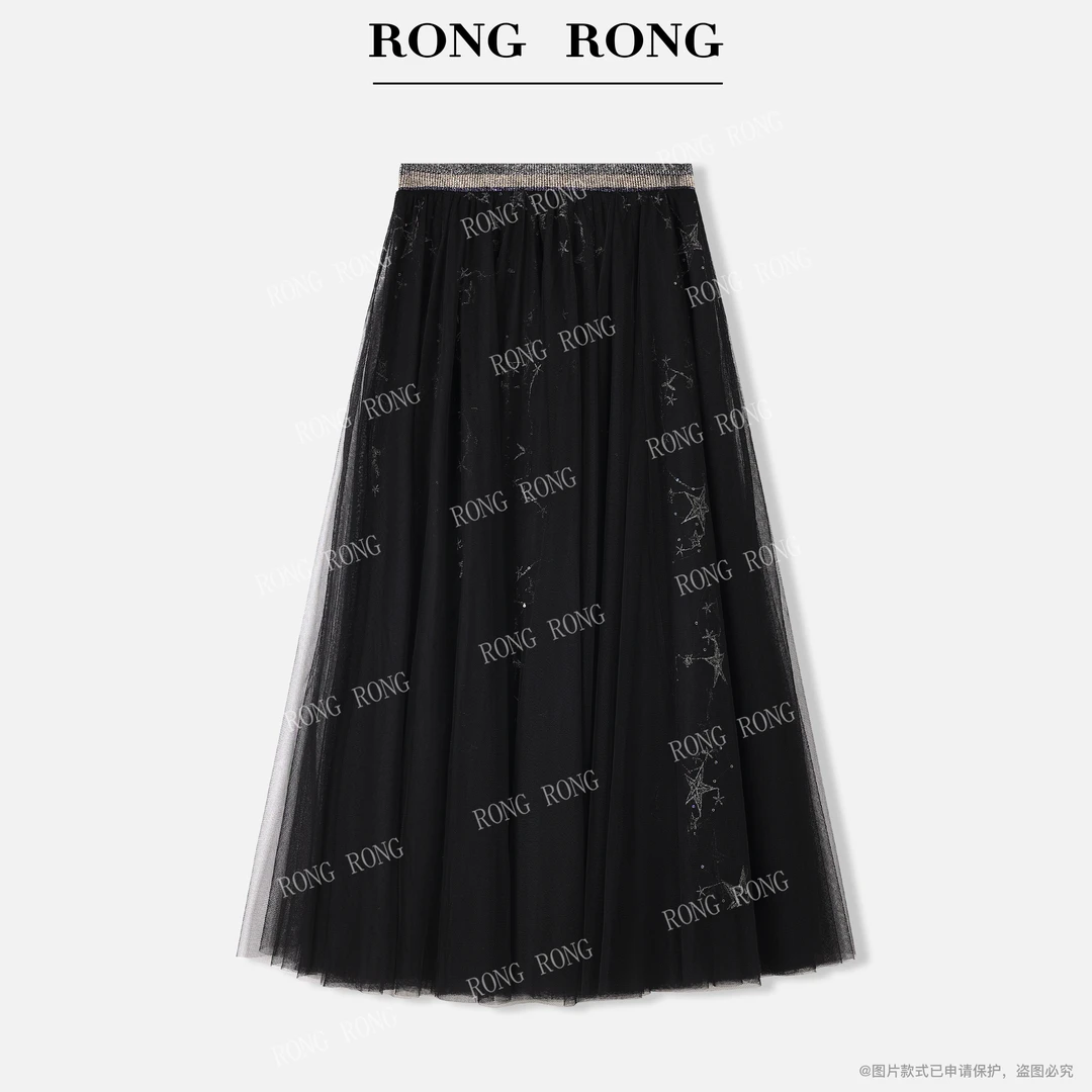 溶溶S【漫意星空】RONGRONG 松紧腰优雅重工星空刺绣纱裙F26QQ7095