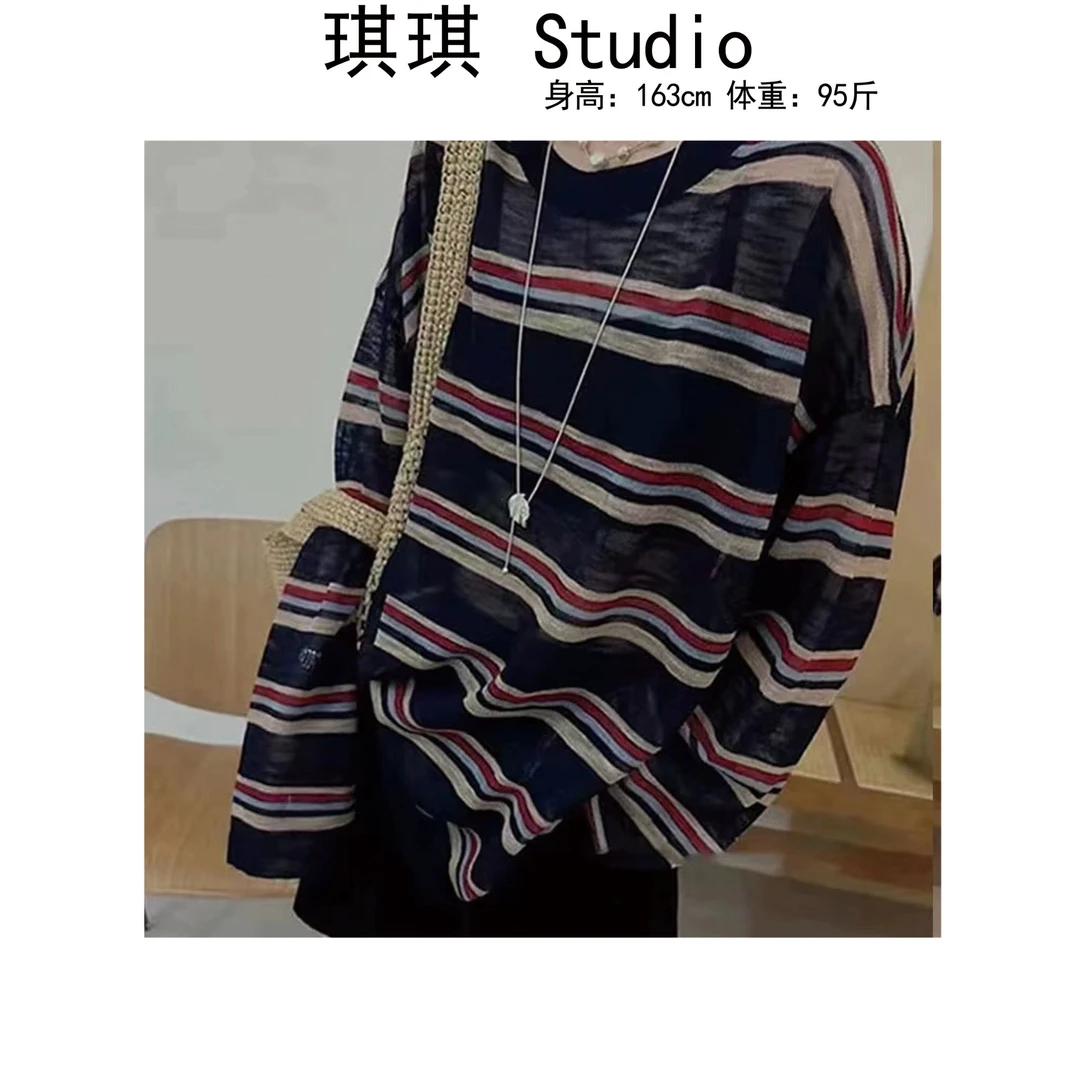 《琪琪家》夏季新款潮流时尚宽松休闲百搭条纹麻料针织上衣2499-G