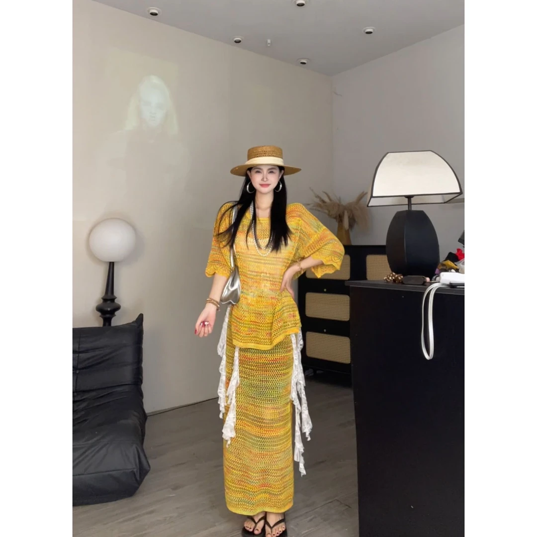 【土豆优选】 彩绘镂空上衣➕半裙套装