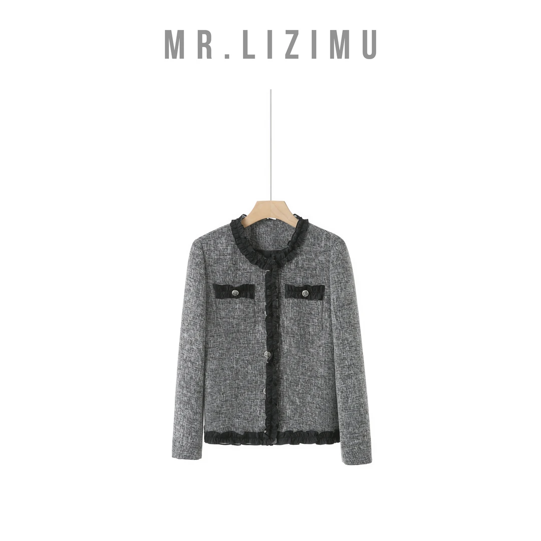 李子木先生2025年女款流行外套秋冬百搭显瘦圆领长袖网纱花边设计