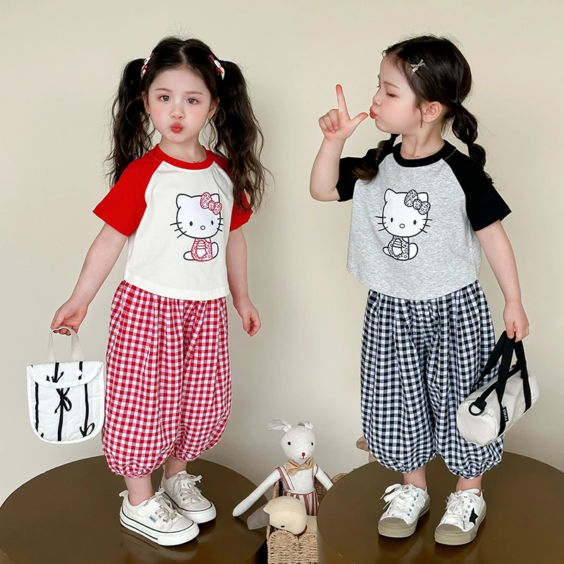 女童套装洋气儿童短袖格子灯笼裤子两件套小女孩宝宝夏装2025新款