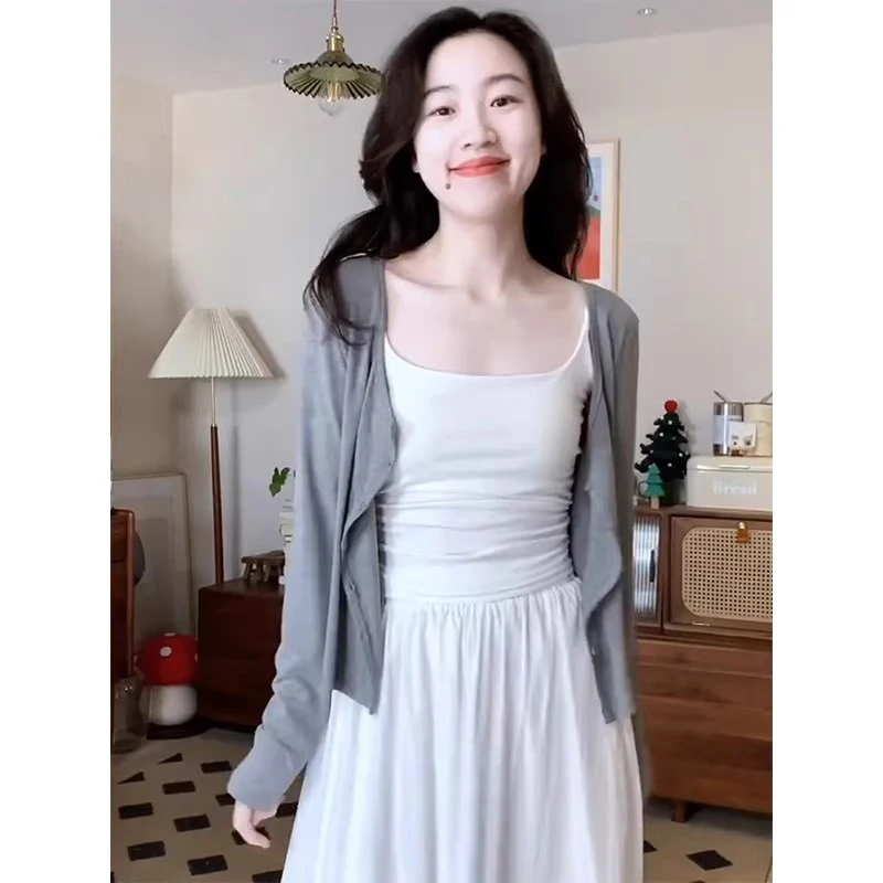 灰色防晒针织开衫女夏季披肩外搭配吊带裙冰丝薄纱罩衫两件套上衣