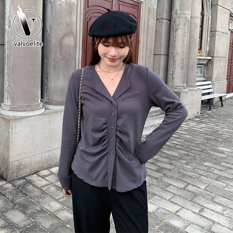 VALVOELITE上衣大码女装灰色衬衫胖妹妹衬衣内搭时尚打底衫休闲