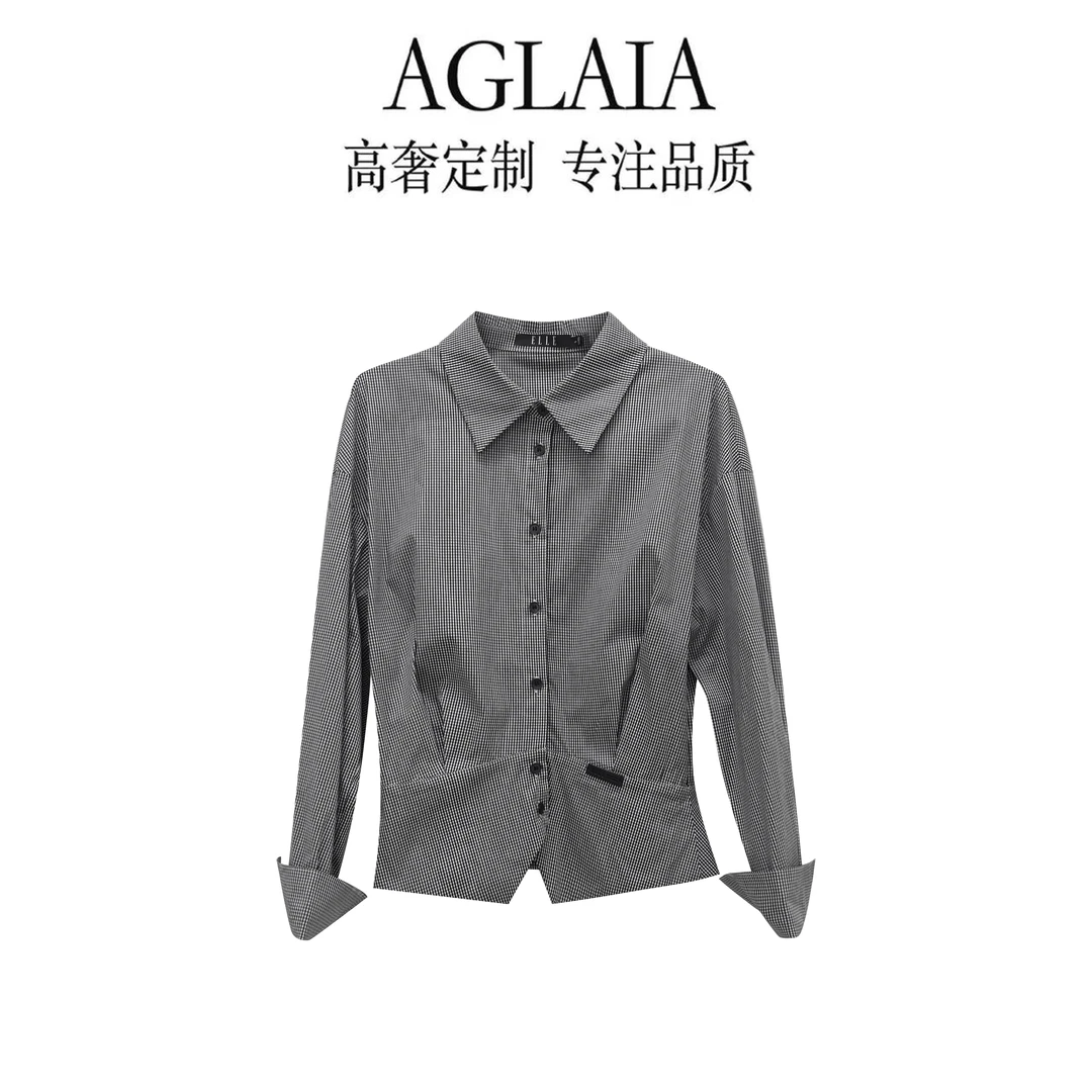 AGLAIA-2025春秋新款设计感拼接时尚气质格纹翻领长袖衬衫女6156