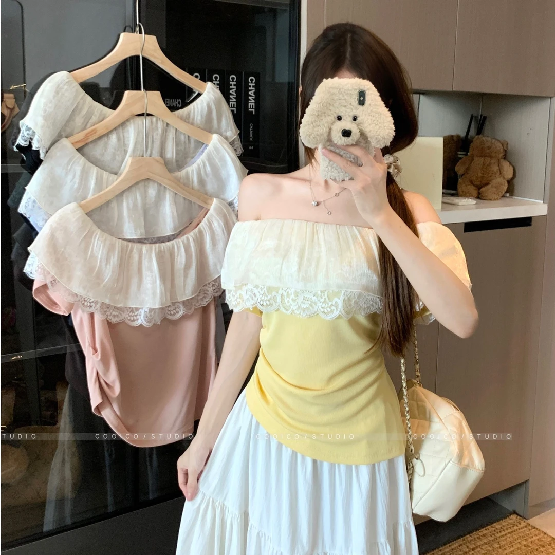 6758 夏季胖mm大码一字肩蕾丝拼接短袖设计感露肩上衣