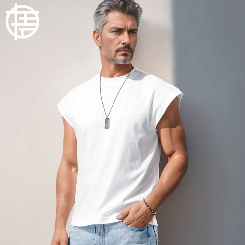 凉感棉无袖T恤男纯色宽松运动健身篮球坎肩宽肩背心外穿夏季砍袖