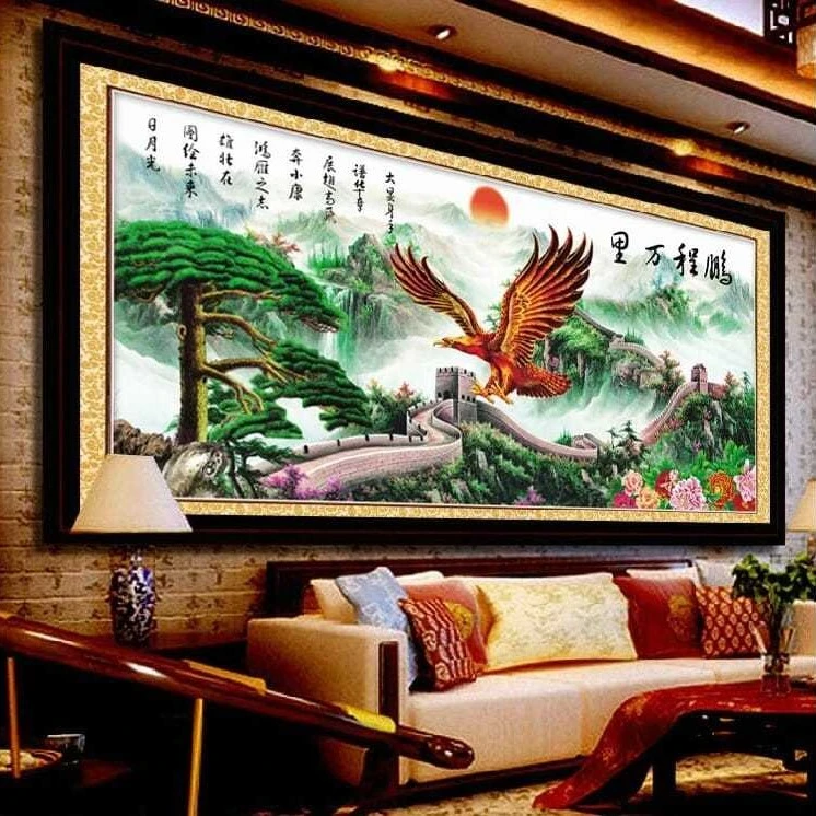 纯手工十字绣成品客厅鹏程万里老鹰迎客松大展宏图书房挂画绣好的