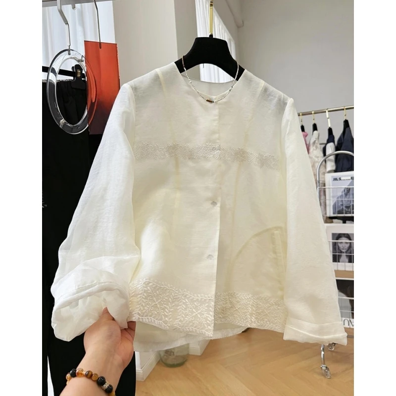高级感桑蚕丝亚麻圆领薄款气质正肩外套女夏季刺绣花边防晒衫上衣