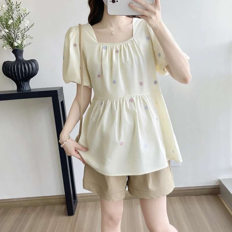 孕妇装2025年新款夏季刺绣甜美方领后背系带泡泡袖短袖娃娃衫上衣