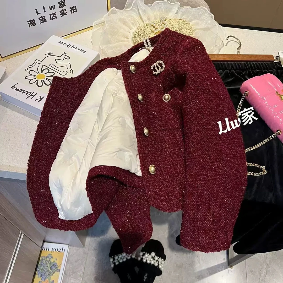 【新年快乐】加绒加厚酒红亮丝小香风内胆外套女冬季新款粗花呢外套