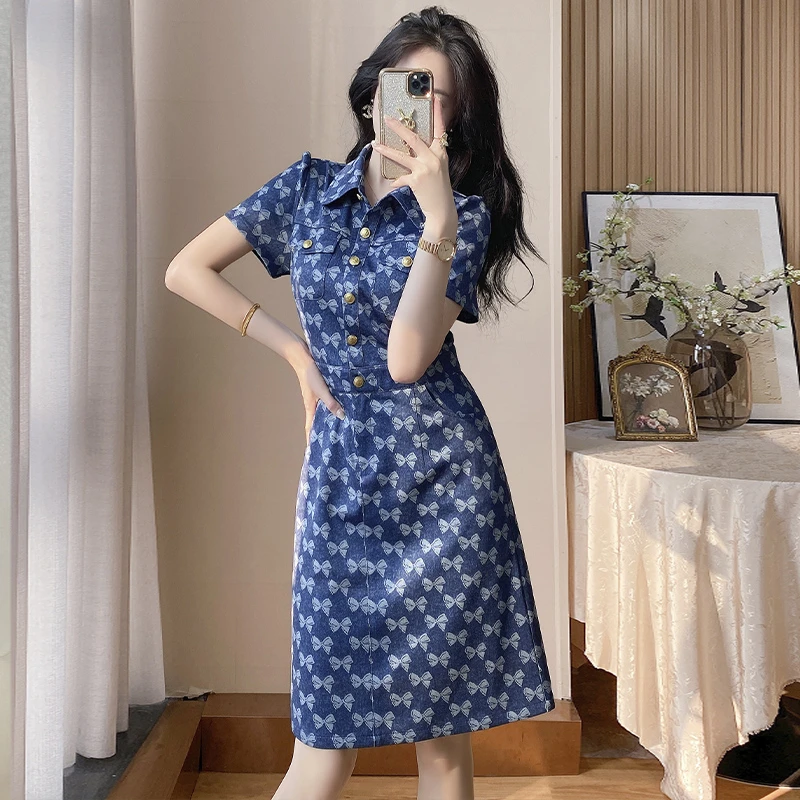 夏装轻奢高级感女装时髦短袖牛仔连衣裙气质收腰显瘦A字裙小个子