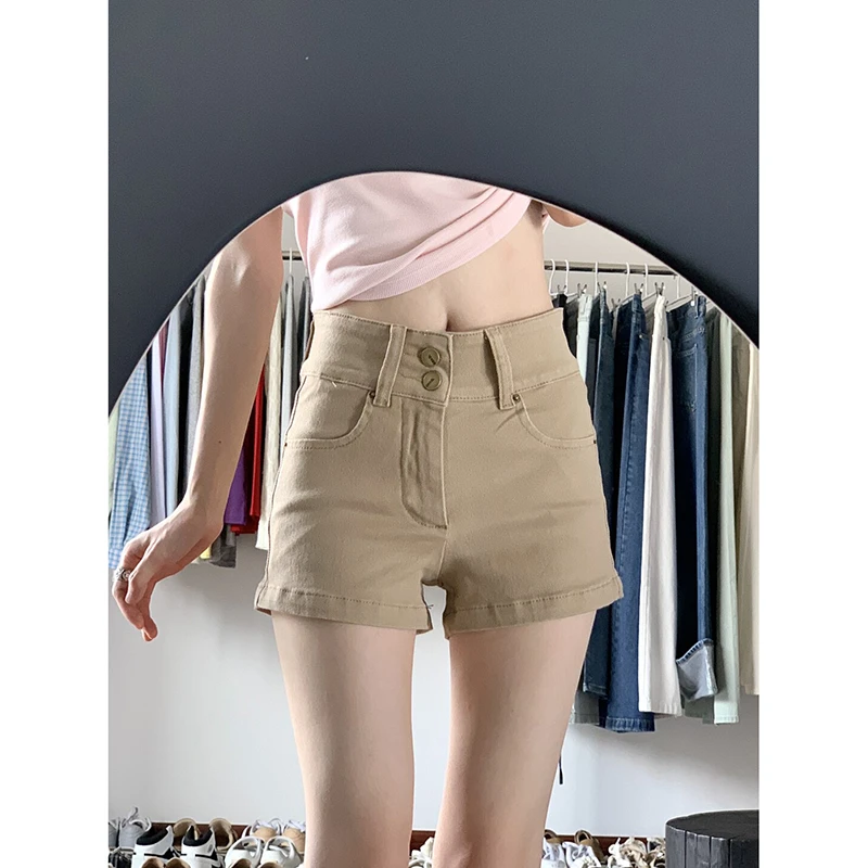 卡其色双扣包臀牛仔短裤女夏季新款高腰修身百搭显瘦辣妹A字热裤