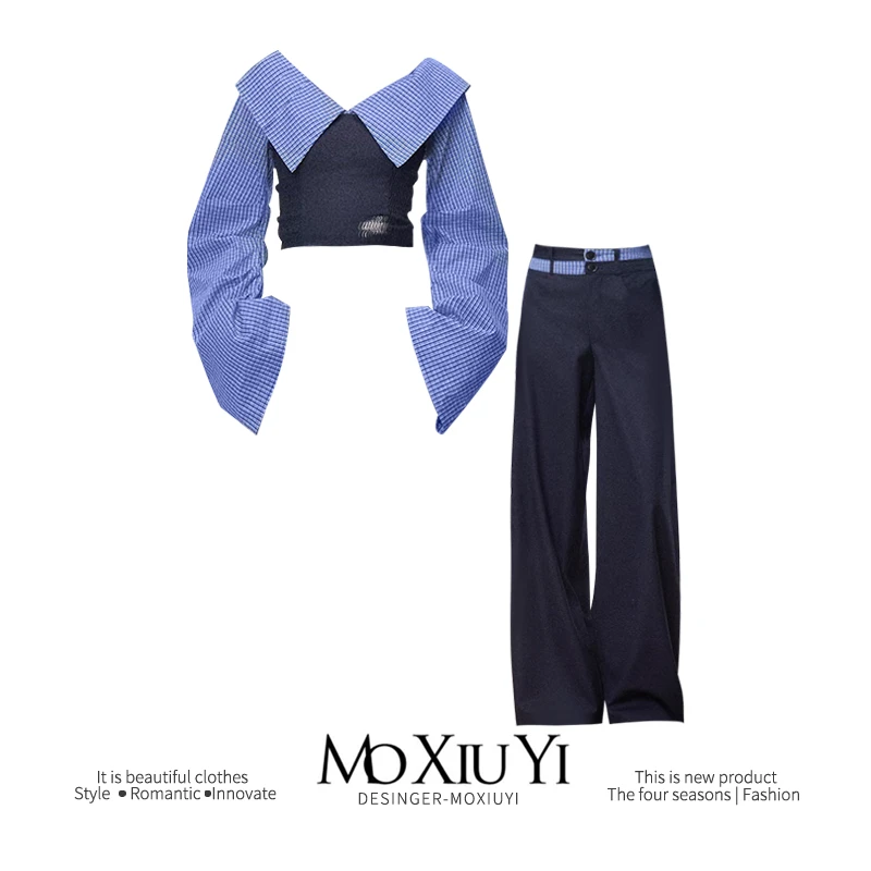 MoXiuYi STUDIO 一字肩条纹拼接显瘦修身上衣学院休闲裤