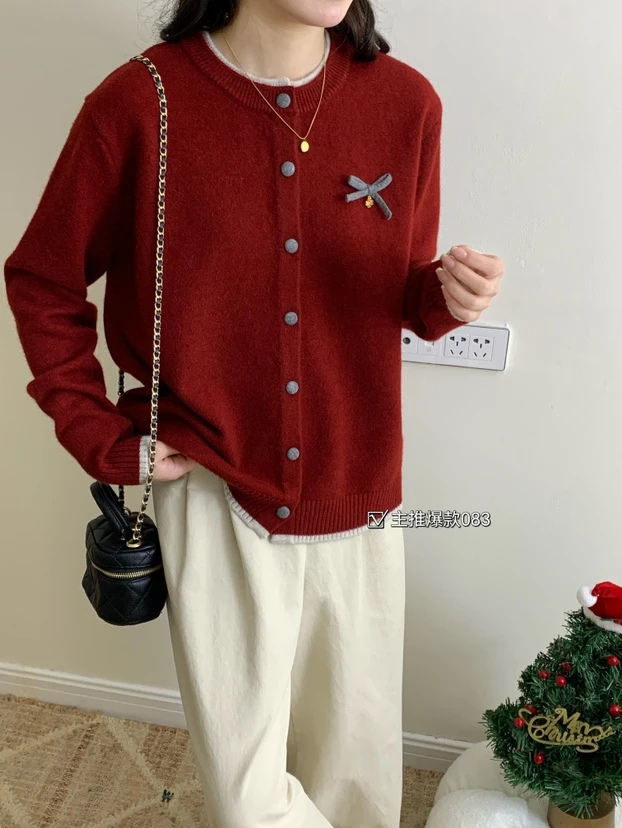 春款双色领蝴蝶结毛衣开衫