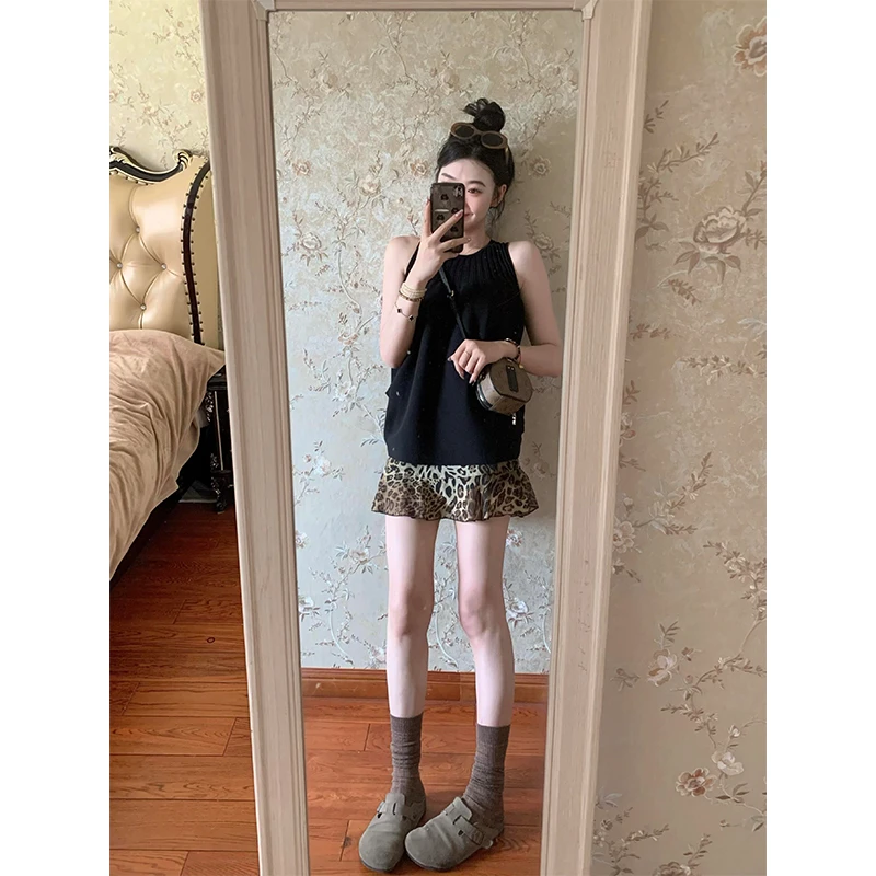 黑色针织挂脖上衣凉感圆领无袖背心小衫豹纹半身裙网纱A字短裙女