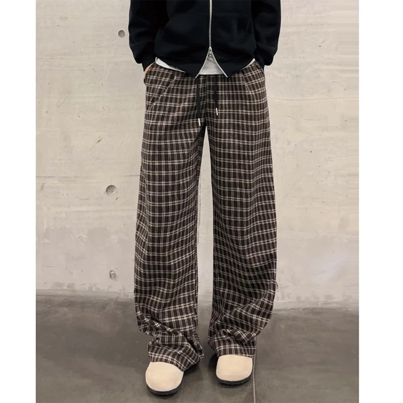 棕色美式复古千鸟格子裤男款秋季垂感阔腿弯刀裤子直筒运动休闲裤