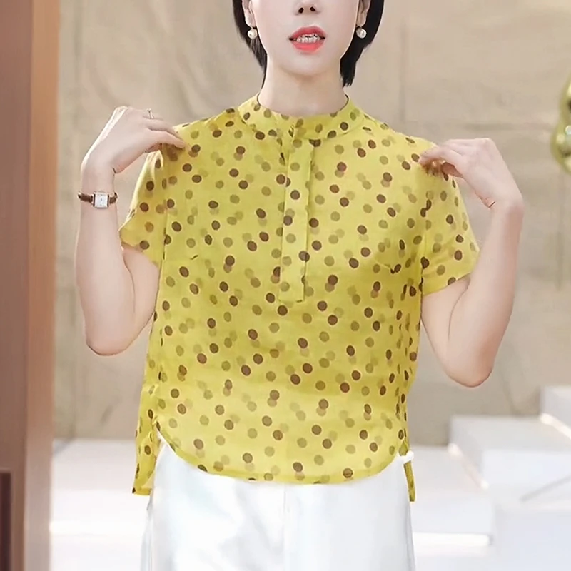 2025夏季新款洋气减龄黄色波点女衬衫宽松休闲显瘦立领设计感上衣