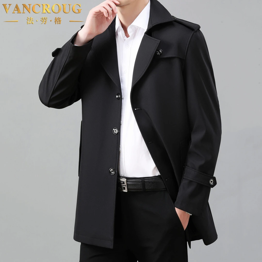 VANCROUG/法劳格风衣男士秋季中长款加肥加大码休闲纯色商务上衣