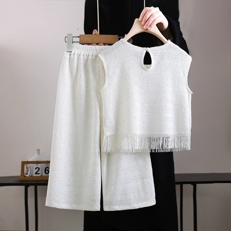 2025夏季女童新款中大童时尚烫钻重工白月光流苏白色儿童套装